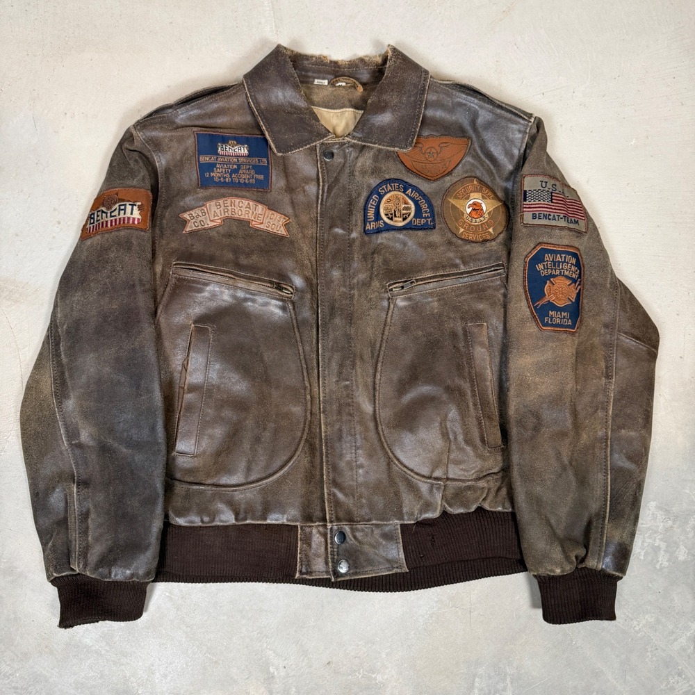 Vintage Chia Leather Flight Jacket Brown Distressed Bomber Aviation Patches M